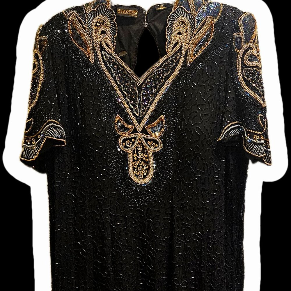 Vintage Black & Gold beaded fully lined dress Plus size Excellent